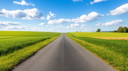 Obraz premium Road Through Fields Under Blue Sky With Clouds, Countryside ,Roadtrip
