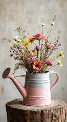 vibrant wildflower bouquet in pastel watering can