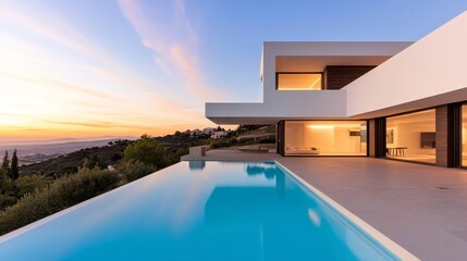 Fototapeta premium Modern Villa Pool at Sunset Infinity Edge, Minimalist Design, architecture, luxury