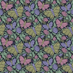 Fototapeta premium This pattern features a symmetrical design with stylized motifs of leaves, flowers, and abstract shapes. The color palette includes shades of green, pink, and blue against a dark background, creating 