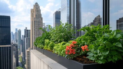 Fototapeta premium Rooftop garden with various plants in black planter box, overlooking cityscape.