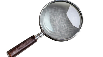 A magnifying glass with a silver frame and leather grip, isolated on a transparent background, suitable for historical or research-focused designs