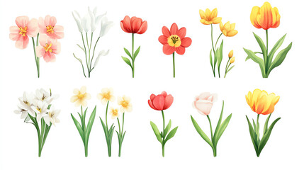 A vibrant collection of hand-painted flowers featuring various species, showcasing their unique shapes and colors