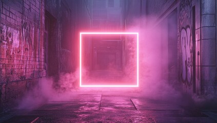 Pink neon light illuminates a mysterious urban alleyway, creating a vibrant, moody atmosphere.