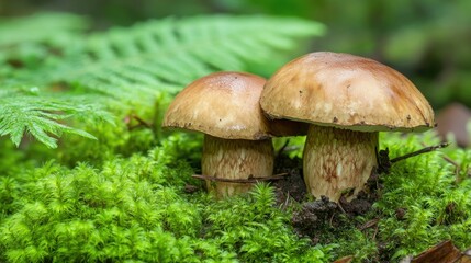 Pair of Boletus mushrooms nestled in soft, vibrant moss, with tiny ferns in the background.