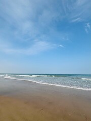 Blue sea horizon, beautiful natural color of the water, sandy beach, no people 