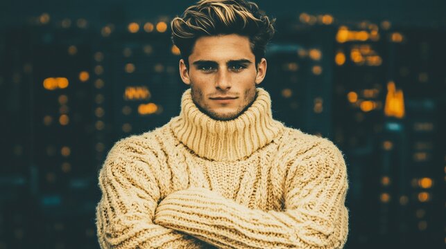 Cityscape Night Portrait: Man in Cable Knit Sweater.
