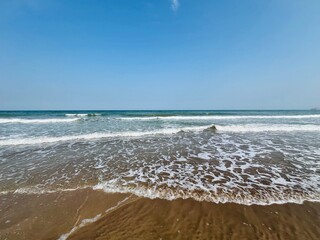 Blue sea horizon, beautiful natural color of the water, sandy beach, no people 