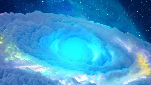 Whirlwind of clouds against background of starry sky. Formation of cyclone or anticyclone. Harbinger of natural disasters and bad weather
