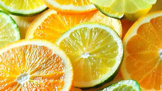Citrus fruits cut into slices. Background of orange lemon and lime slices. Ripe and juicy oranges, lemons and limes	
