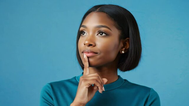 Thoughtful dark skinned woman has idea in mind, keeps finger on lips, looks pensively above, tries to decide how to act, poses against blue background