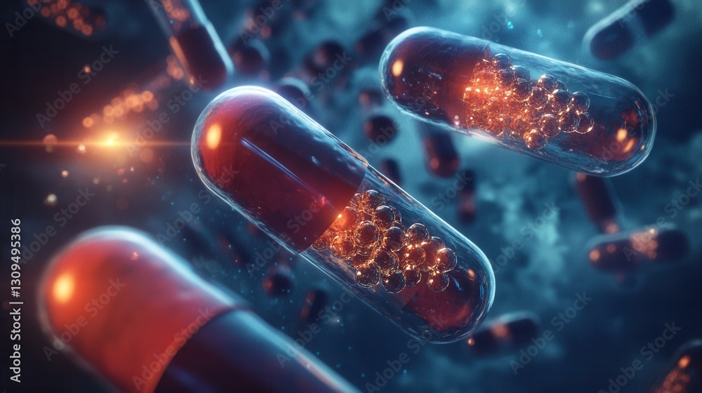 Poster Floating capsules dissolve into intricate molecular structures in a dreamy medical illustration setting Generative AI