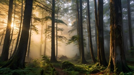 Mysterious Path Through a Dense Forest Bathed in Soft Light
