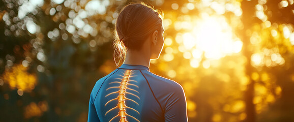 Woman's back, blue shirt, highlighted spine, sunset bokeh background, represents health, wellness, and spinal health