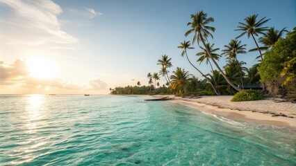 Fototapeta premium Warm sunlight casts a serene glow on turquoise waters at a tropical beach with swaying palm trees, beach scene, ocean water, driftwood, natural beauty