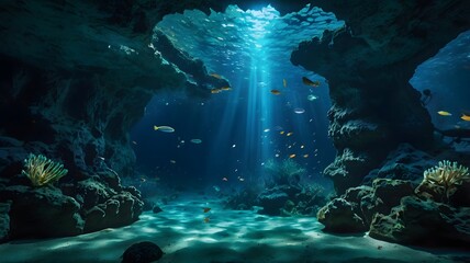 Deep Blue Underwater Cave with Sunrays Piercing Through the Surface
