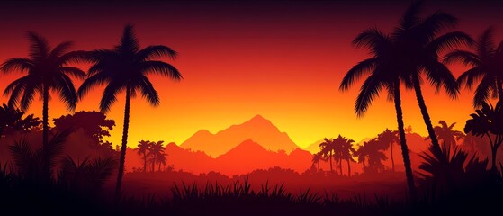 Tropical sunset over silhouettes of palm trees.