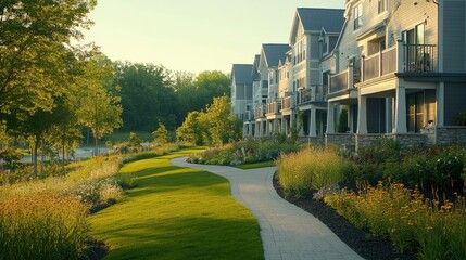 Obraz premium Scenic suburban development with nature-inspired apartment buildings, featuring balconies and forest views.