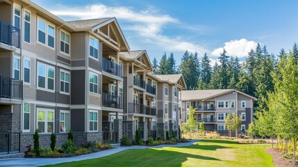 Fototapeta premium Scenic suburban development with nature-inspired apartment buildings, featuring balconies and forest views.