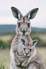 Kangaroo with Baby in Nature Setting Under Soft Overcast Sky