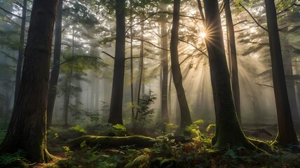 Enchanting Sunlight Filtering Through the Dense Forest Trees
