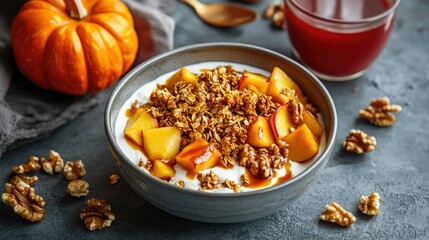 Fototapeta premium Seasonal breakfast bowl with crunchy granola, thick yogurt, roasted pumpkin chunks, caramel apples, and walnuts, placed on a cool stone surface.