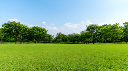 Obraz premium Expansive Green Field Of Grass With Lush Green Trees Underneath Clear Blue Sky In Daylight