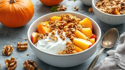 Fototapeta premium Seasonal breakfast bowl with crunchy granola, thick yogurt, roasted pumpkin chunks, caramel apples, and walnuts, placed on a cool stone surface.