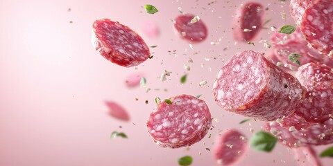 Fototapeta premium Tasty salami pieces with garlic sauce splashes flying on a pastel gradient