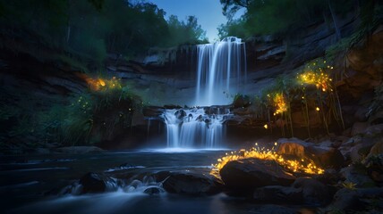 Tranquil Night Waterfall with Soft Warm Lighting in Nature
