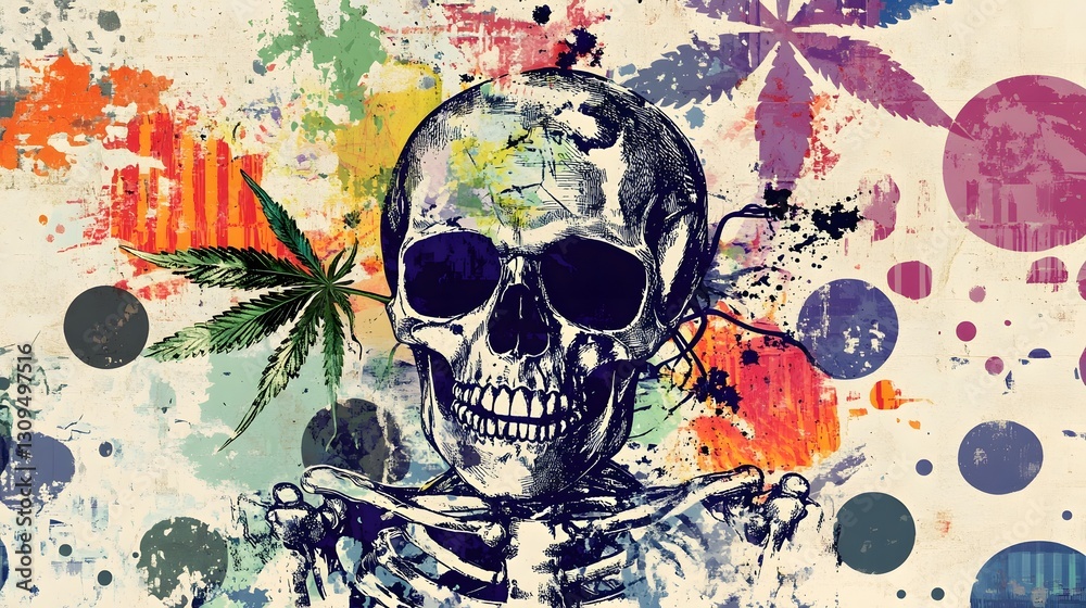 Poster Psychedelic Skull Grunge Artwork with Abstract Splatter Paint and Marijuana Leaf Elements