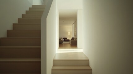 Modernist minimalist cubic staircase with stylish lighting and contemporary furniture.