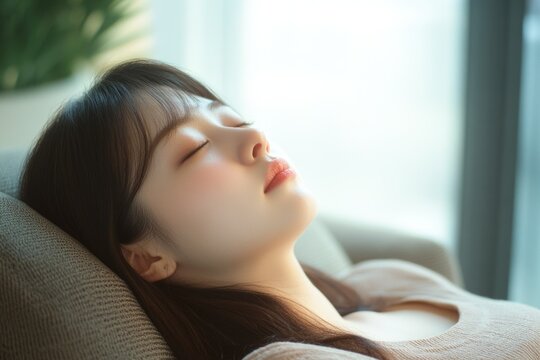 A young Asian woman with closed eyes, enjoying a moment of relaxation indoors.