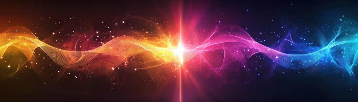 Quantum interference experiment with colorful photon waves creating an abstract futuristic pattern