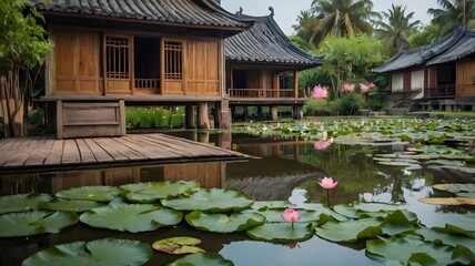 Traditional Japanese Wooden Houses with Lotus Pond
