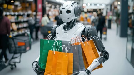 Robot shopping assistant in retail store carrying multiple bags modern environment eye-level viewpoint