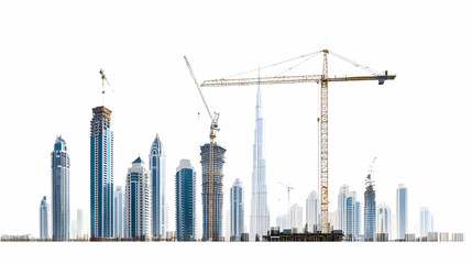 Obraz premium City Skyline Construction Site with Cranes Blue and White Modern Buildings against White Background