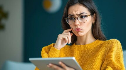 Woman analyzing product images on tablet home office digital comparison modern environment thoughtful viewpoint