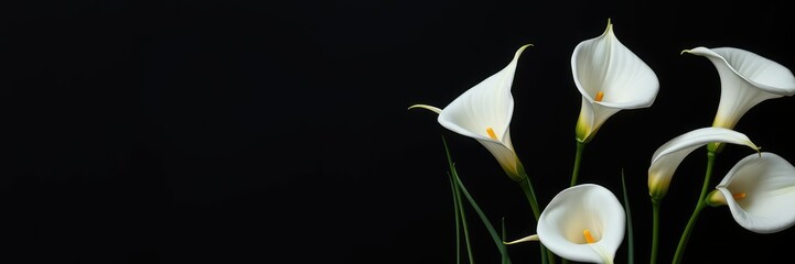 White calla lily arrangement isolated on dark background with delicate petals and slender stems, simple elegance, isolated white flowers, funeral decor