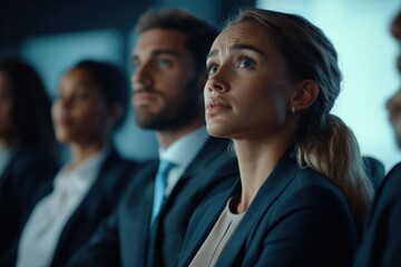Obraz premium A diverse group of professionals in suits, listening intently at a conference.