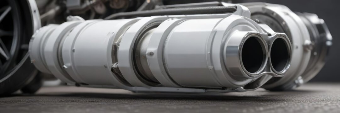 White catalytic converter with lambda sensor with shallow depth of field, automotive industry equipment, exhaust emission control, smog reduction, vehicle pollution, stinky exhaust