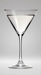 Obraz premium Close up view of a martini glass filled with a clear liquid against a neutral gray background. The glass is elegant and minimalist, showcasing its clear, clean lines.