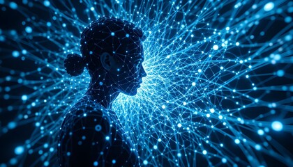 A Fusion Of Technology and humanity, featuring dynamic figures emerging from intricate network of interconnected nodes and geometric patterns, Concept of AI, Evolution of human potential in a futurist