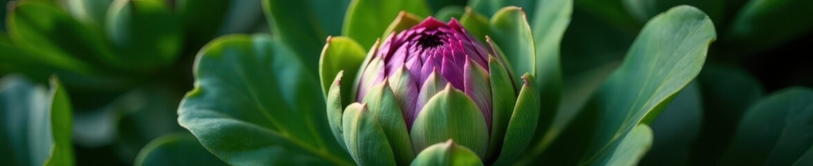 Fototapeta premium Close-up, lush green and purple artichoke heart , heart, texture