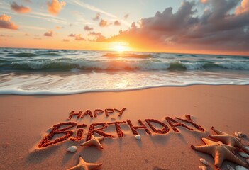 Happy Birthday Sand Writing on Beach at Sunset with Starfish