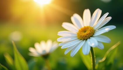 Naklejka premium Close-up of dew-kissed daisies, sunlight filtering through petals , sunlight, bright
