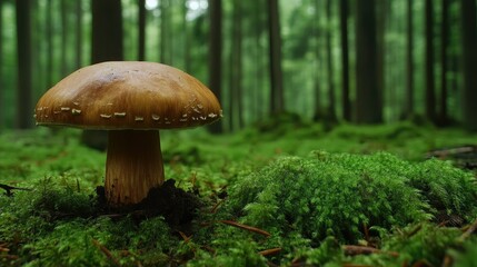 Steinpilz mushroom growing alone in a damp forest, with vibrant green moss as a backdrop.
