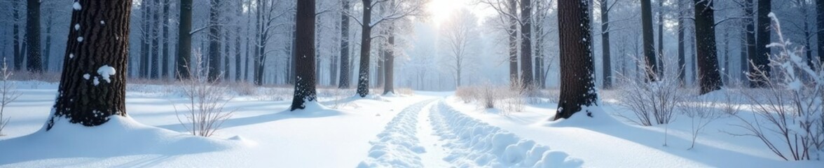 Fototapeta premium White snow covering the forest floor with bare trees above, frozen, winter