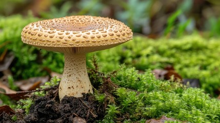 Steinpilz mushroom growing alone in a damp forest, with vibrant green moss as a backdrop.