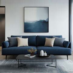 Modern living room featuring a navy blue sofa, coffee table, and abstract art.